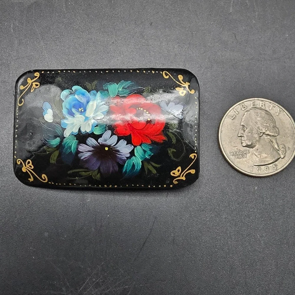 Black Lacquerware Brooch Handpainted Flowers Floral Rectangle Vintage